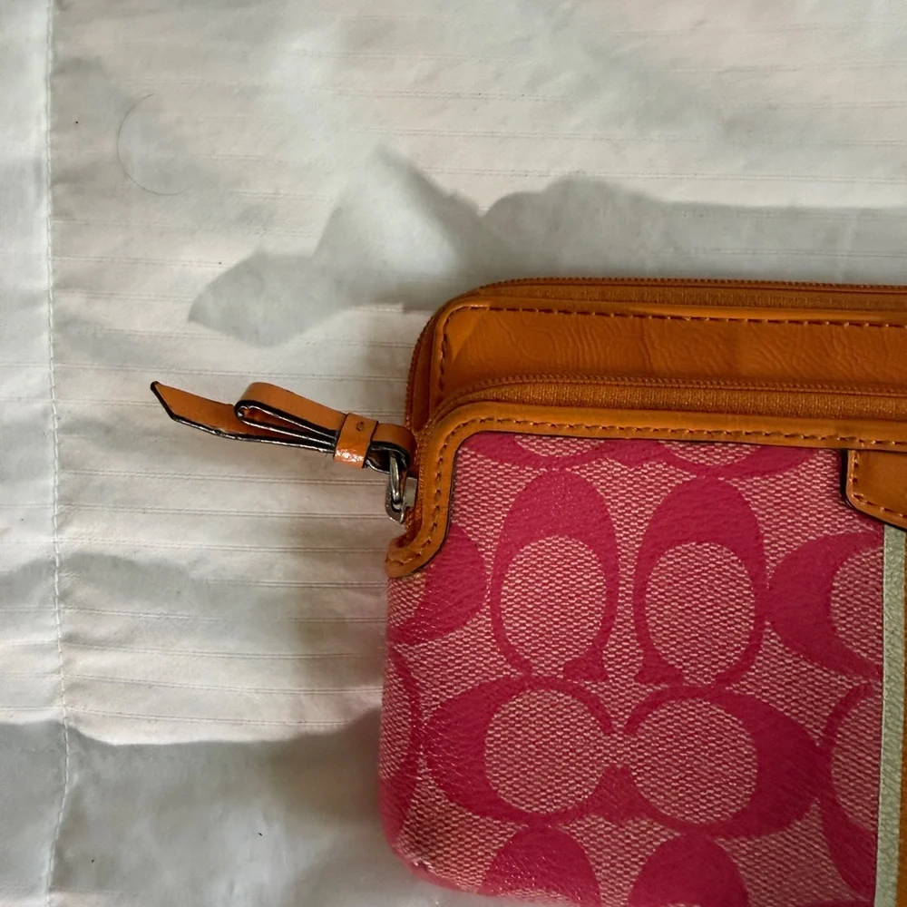 Coach Signature Stripe Double Zip Wristlet | Orange and Pink - Picture 3 of 15